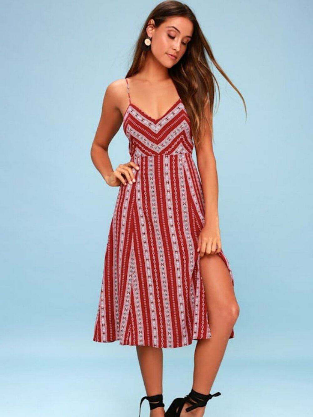 Lulus Calabash Rust Red Print Midi Dress - Size Medium